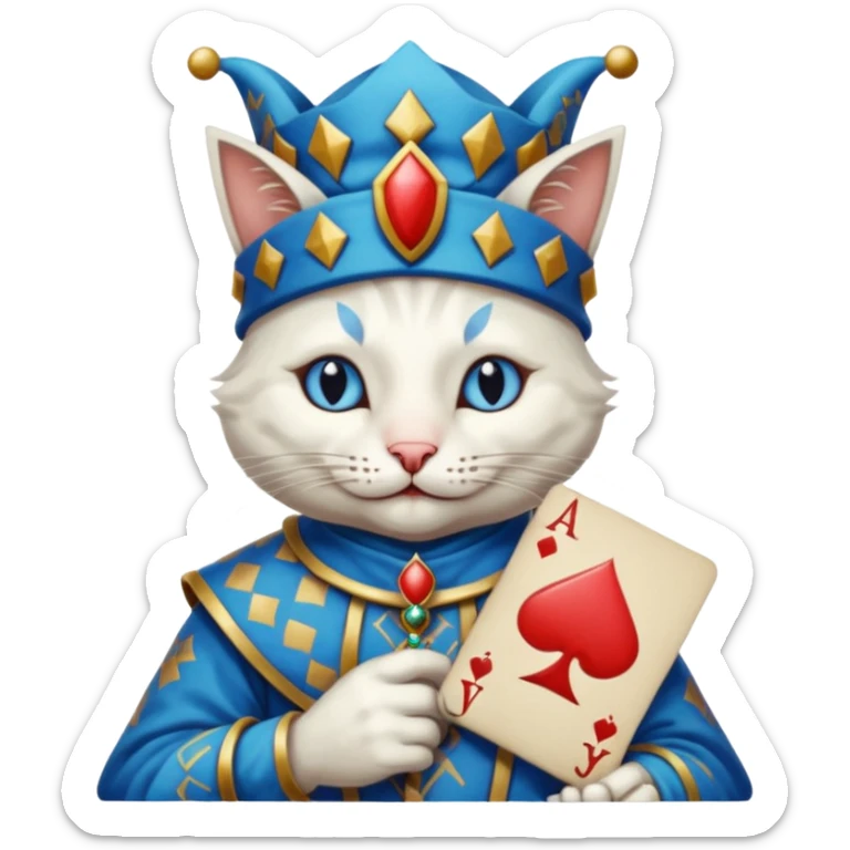 crazy colorful cute little cat jolly joker from poker, medieval, vintage, court jester, mac os icon, blue color, poker cards sticker
