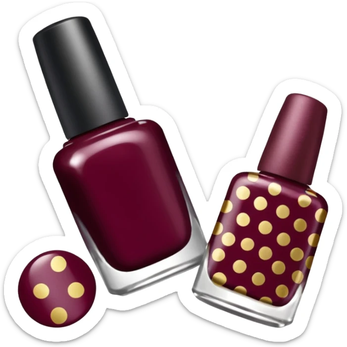 burgundy nail polish bottle, nail polish has light gold iridescence, cap is black with white polka dots, cinematic emoji sticker