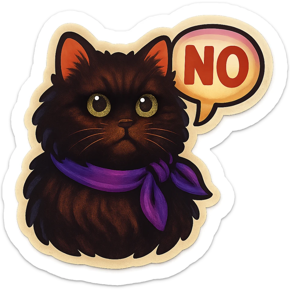Fluffy dark-brown cat with green eyes and a purple scarf saying ‘NO’ (with a speech bubble) sticker