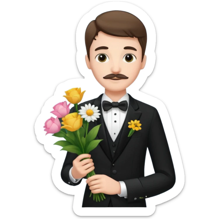 generate an ios genmoji of a 20 year old fair boy with very few mustache hair, carrying a flower bouquet, wearing a tux sticker