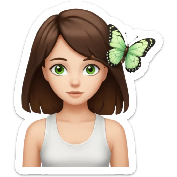 girls with long brown hair, green eyes, a white tank top, and a butterfly haircutbrunette girl with green eyes sticker