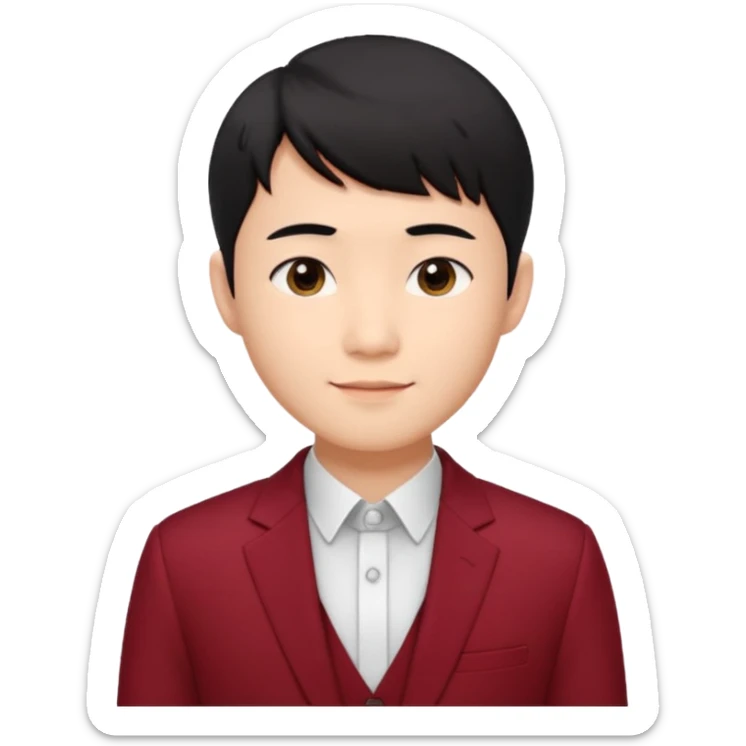 handsome Asian man emoji, short black hair with soft fringe, clean and elegant look, fair skin, gentle smile, wearing dark red suit and white shirt sticker