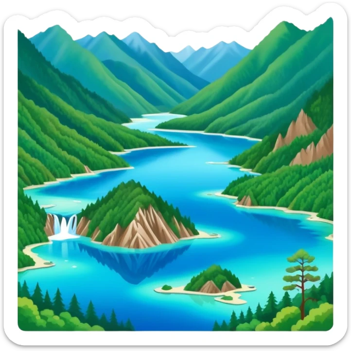 Jiuzhaigou Valley colorful lakes, simplified emoji style with bold outlines and bright colors, cartoon style blue water with mountains sticker