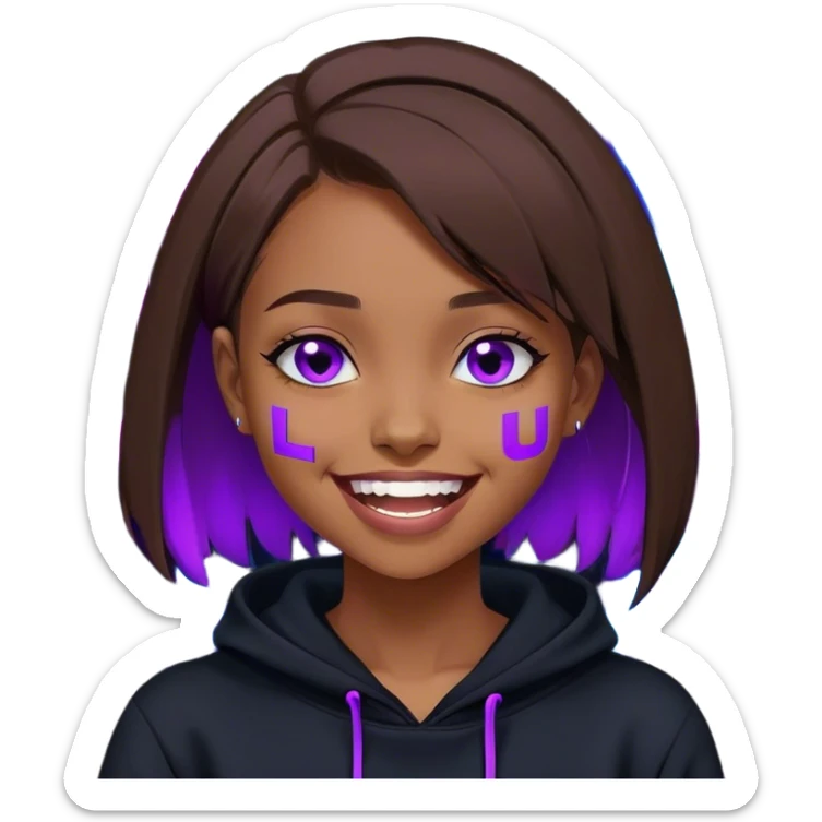 brown haired girl with a bob and blue eyes wearing black hoody with violet letters "Lu", laughs. Cyberpunk style. Violet neon. sticker