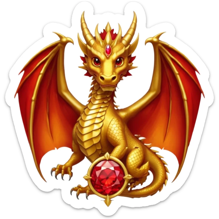 Golden Dragon with golden wings golden crest/brosch in a golden circle with red gems sticker