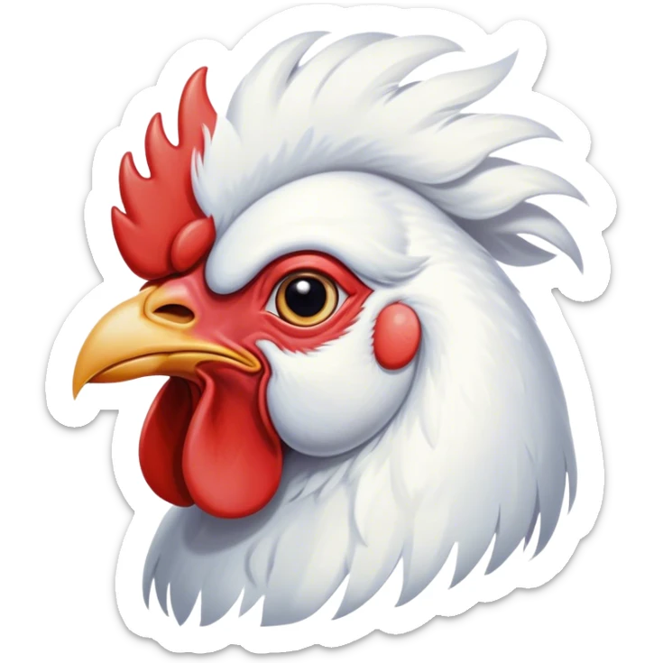 Cinematic Noble White Rooster Portrait Emoji, Poised and regal, with a robust, commanding build and a pristine, well-groomed pure white plumage, deep-set soulful piercing eyes, Simplified yet sharp and sophisticated features, highly detailed, glowing with a soft, dignified glow, high shine, intelligent and proud, stylized with an air of barnyard majesty, focused and attentive, soft glowing outline, capturing the essence of a watchful and confident leader, so majestic it feels as though it could crow out of the screen with effortless authority! sticker