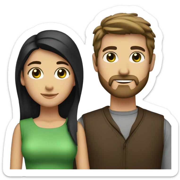 Create a emoji of a couple. The boyfriend has straight brown hair, a beard and green eyes. The girlfriend has long black hair and brown eyes sticker