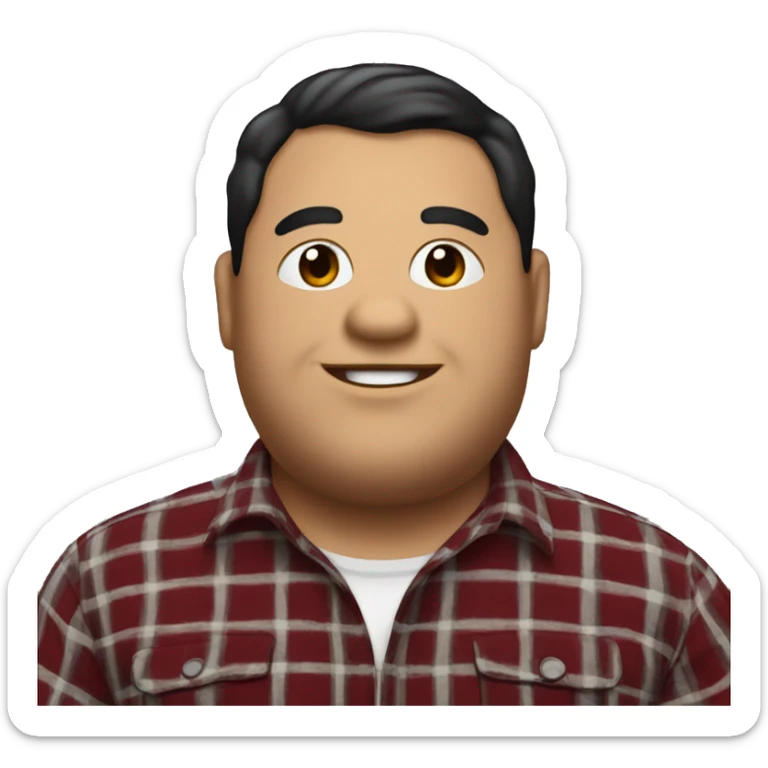 Fat man wearing a darkred and black plaid flannel shirt profile picture, happy, black hair sticker