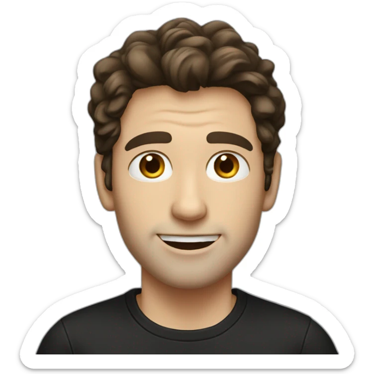 a slim white man with messy long dark brown hair, with a black t-shirt sticker