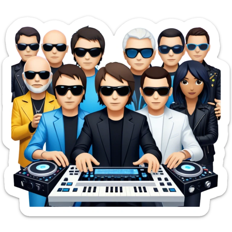 Icon for Electronic Music: Jean-Michel Jarre, Moby, DJ Tiesto, and Jorn van Deynhoven performing with synthesizers, turntables, and futuristic lighting effects. The design should evoke the vibrant and immersive atmosphere of electronic music festivals. Transparent background. sticker