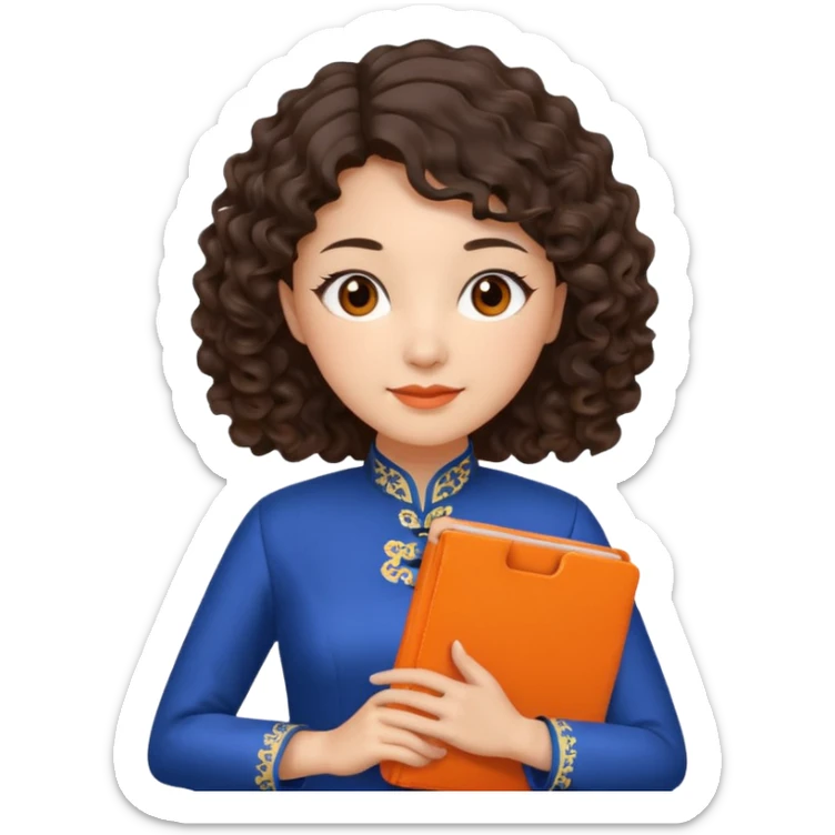 Teacher emoji but : curly/wavy dark brown hair, light skin, no glasses, dark eyes, with a computer folder in the hand (color is orange), being a teacher, wearing a chinese qipao ( dark blue)

 sticker