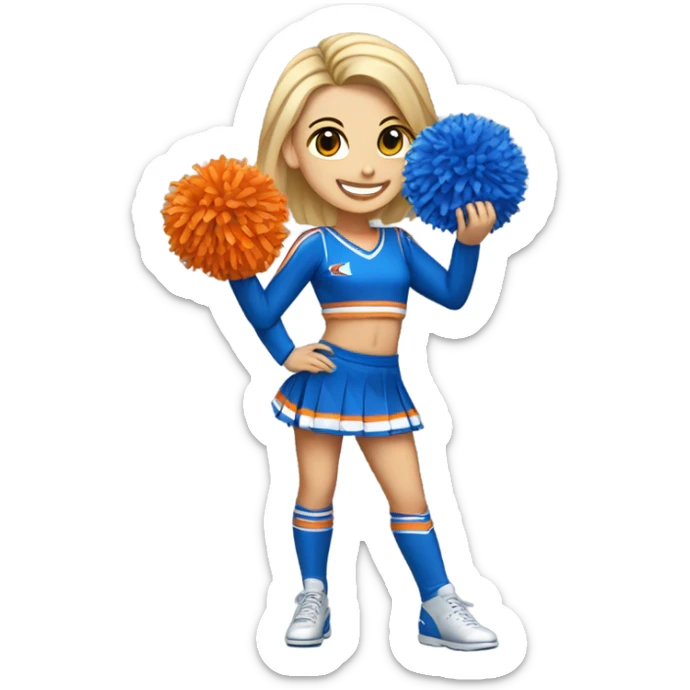 Caucasian Cheerleader with orange and blue Pom poms  in her hand and a “K1” on Uniform sticker