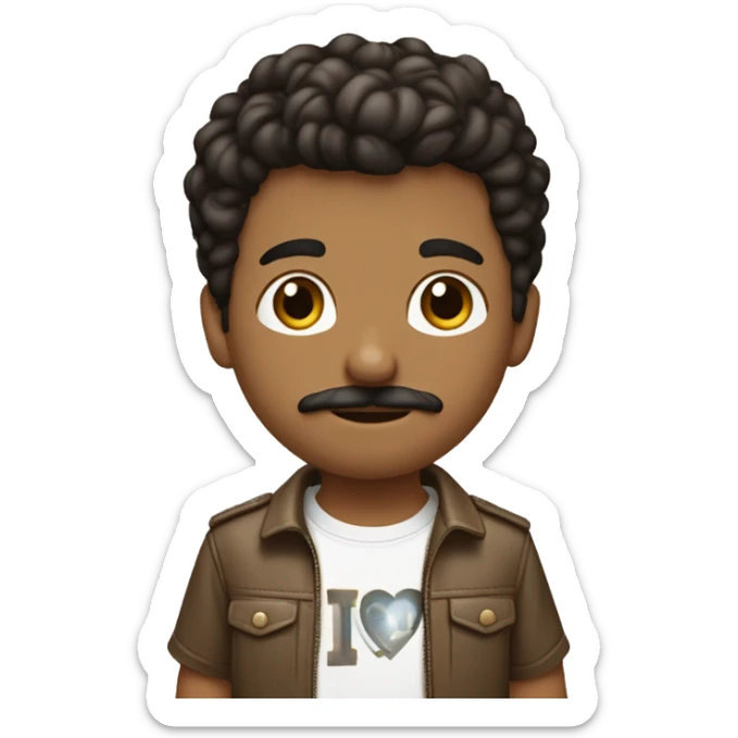 boy with medium length dark brown hair and moustache wearing a i love new york shirt, brown pants and cross body bag light brown skin sticker