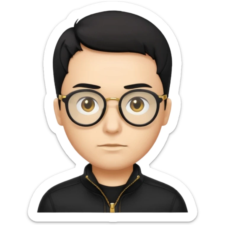 A guy with short black hair, black clothing, golden zipper with black glasses sticker