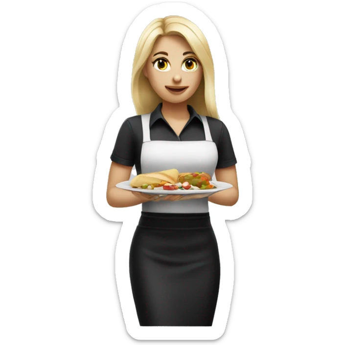 blonde waitress with straight hair wearing black polo and holding a plate of food sticker