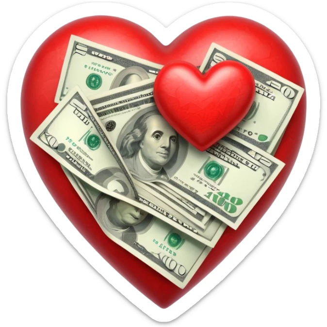 "Realistic HD red heart fused with money, cash integrated into the heart, glossy texture, clean white background." sticker