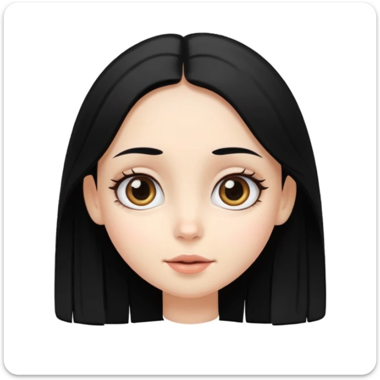 Crear emoji de una chica de piel blanca ojos grandes negro pelo lacio negro con raya al medio tierna, dulce y alegre sticker