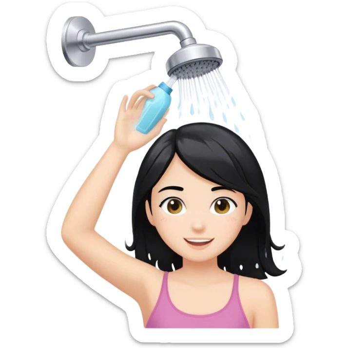 White girl with black hair happy to wash her hair with shampoo in the shower sticker