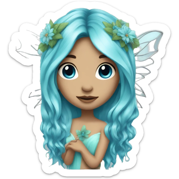 Beautiful, flower, fairy, blue, turqoise, silver, long hair, big wings sticker