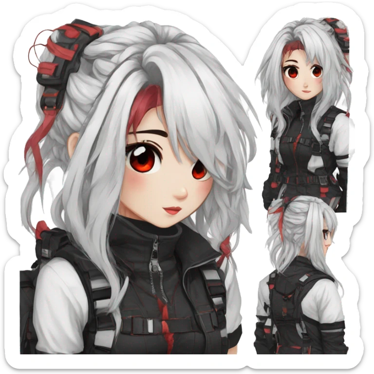 Gorgeous techwear anime style lady with blushing face aesthetic and pretty edgy black red white punk messy hair with collar and harness trending style sticker