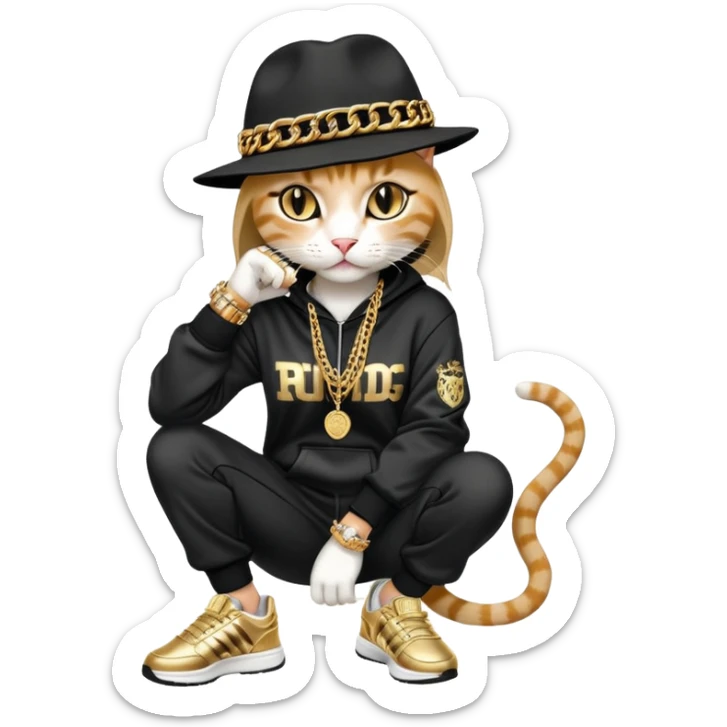 female cat dressed like Run DMC in tracksuit, fedora, Adidas shoes, lots of gold chains, rings, bracelets, earrings, whispering to a friend, no sunglasses sticker