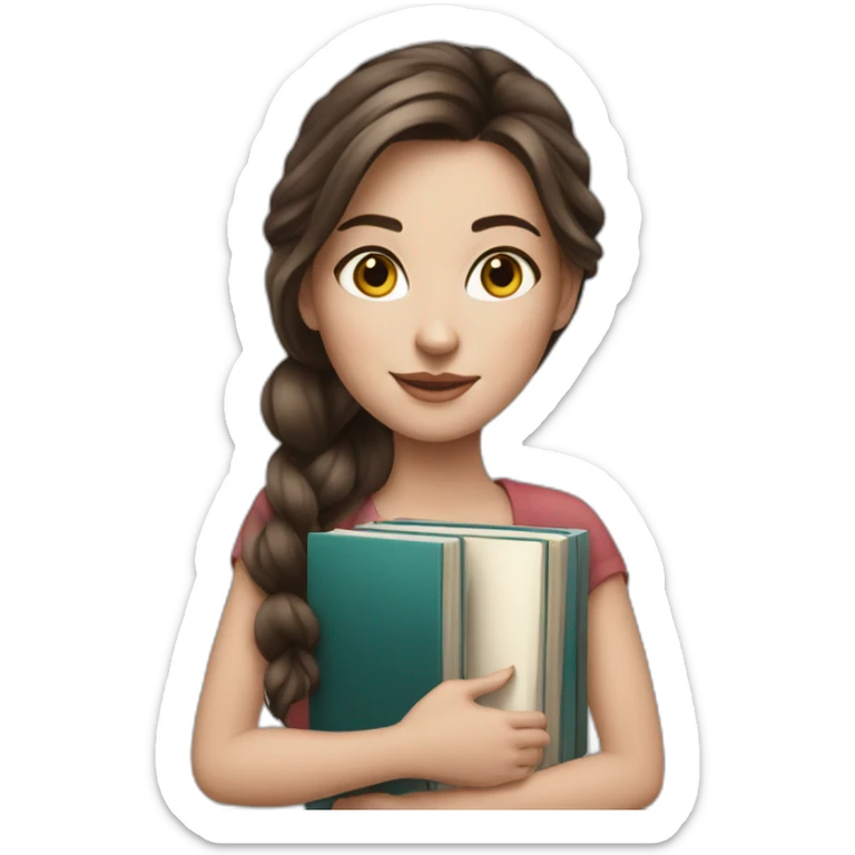 Realistic Brunette white beautiful girl with lots of realistic and detailed books sticker