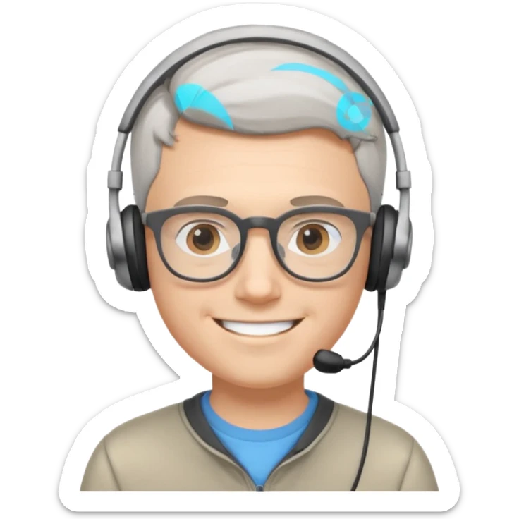 young white man, short gray hair, glasses, small headphones, big smile, focused on data analysis, intelligent vibe sticker