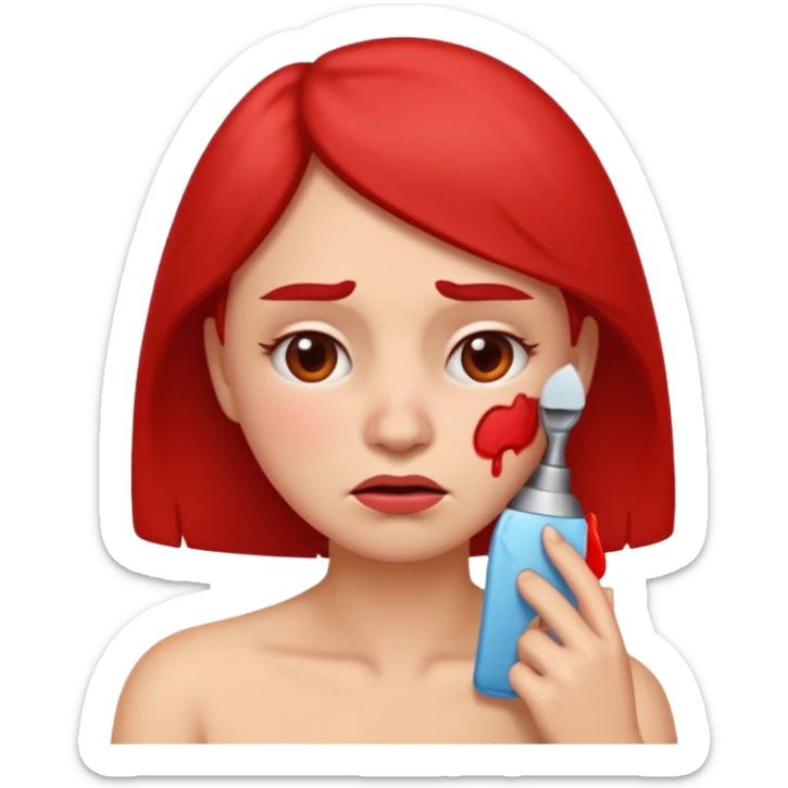 woman emoji with frown, red irritated skin on face and neck, one hand on cheek, clearly suffering from shaving burn sticker