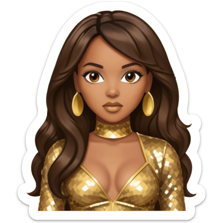 LeToya Luckett from Destiny's Child with dark brown long hair, gold outfit sticker