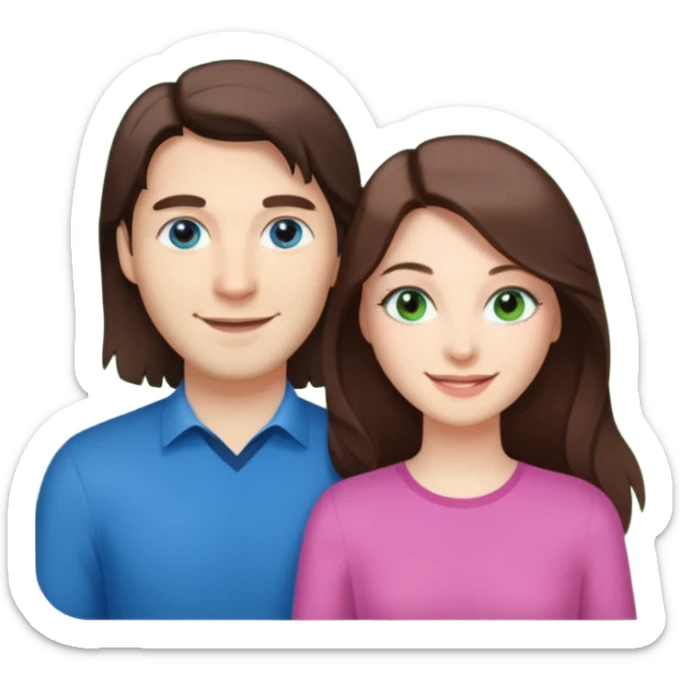 “A pink Polaroid-style photo of a couple: a white woman with long brunette hair and blue eyes, and a white man with short brunette hair and green eyes.” sticker