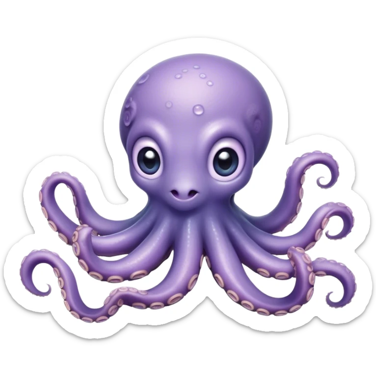 Cinematic Cute Baby Octopus Portrait Emoji, Head tilted slightly in a curious and endearing way, featuring a smooth, rounded light blue-purple body with enormous, sparkling eyes filled with warmth and innocence, delicate tentacles curling playfully, Simplified yet irresistibly adorable features, highly detailed, glowing with a soft, dreamy marine glow, high shine, affectionate and gentle, stylized with a touch of whimsical deep-sea charm, soft glowing outline, capturing the essence of a tiny, inquisitive octopus that looks ready to gently drift into your heart! sticker