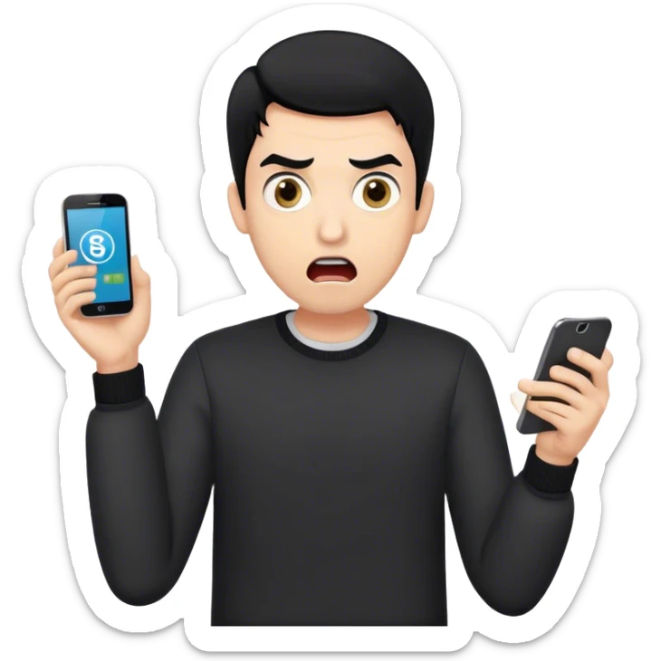 A surprised man with black hair holding a smartphone, wide eyes and open mouth, showing a banking app with a negative balance or notification of stolen money, hands in a shocked gesture, light skin tone, modern clothing, simple emoji style sticker