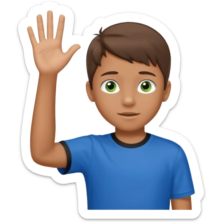 Boy 10 years old, with overgrown brown hair,with a with black and green eyes in a blue T-shirt, waves his hand sticker