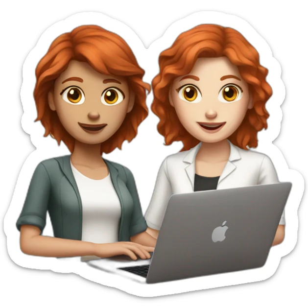 two girls with brown and red hair and white skin with a MacBook sticker