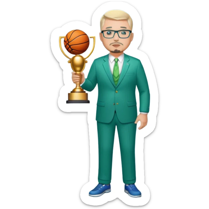 Full Body white fat male  wearing glasses with a goatee with light blonde gray very short hair basketball head Coach in blue and green suit holding trophy sticker