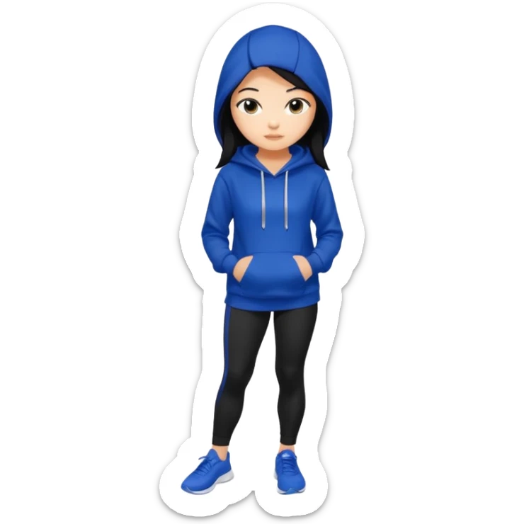 A pretty white/asian tanned girl with medium long strait dark brown almost black hair wearing a royal blue hoodie and black leggings pretty tan sticker
