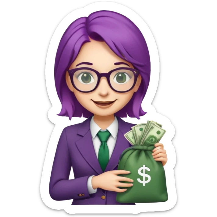 girl with purple hair and dark green suit. she is wearing glasses and hold bag of money. she smiles and whinks  sticker