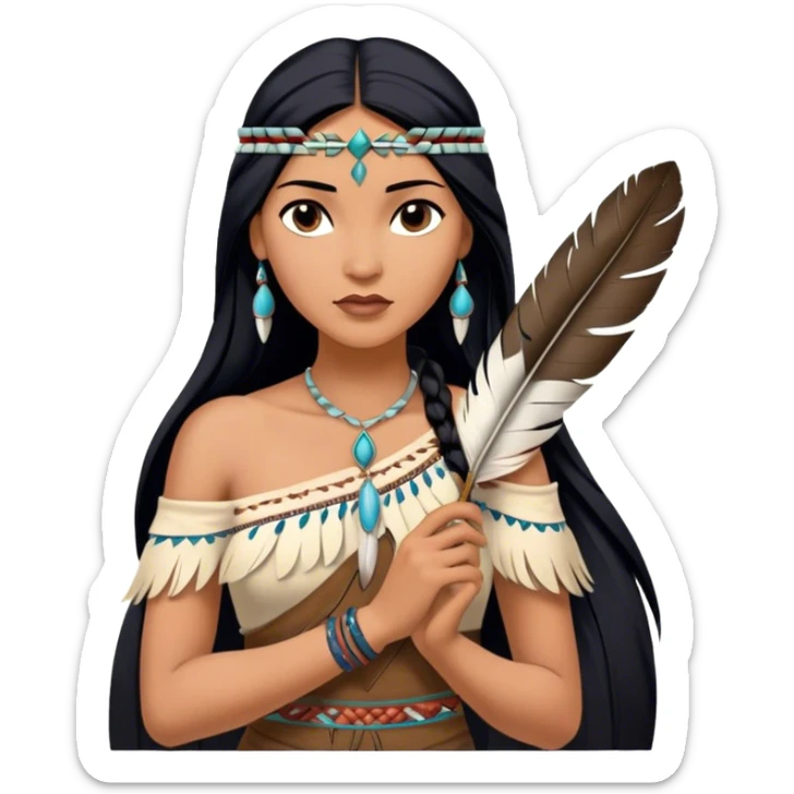 Cinematic Realistic Pocahontas Portrait, depicted with lifelike skin texture, soft natural lighting, and intricately detailed long, flowing raven-black hair that moves gracefully in the wind. Her deep, soulful dark brown eyes exude wisdom and strength, complemented by a serene yet powerful expression. She is shown gently holding a feather in one hand, her other hand resting lightly at her side, embodying the harmonious balance between nature and herself. She is dressed in her classic one-shoulder native American dress, with rich fabric textures and delicate beaded details that catch the light beautifully. The portrait features a soft, sun-kissed glow with a natural, radiant finish, capturing the essence of untamed beauty and deep connection to nature in a realistic and painterly style, evoking a sense of depth and authenticity. sticker