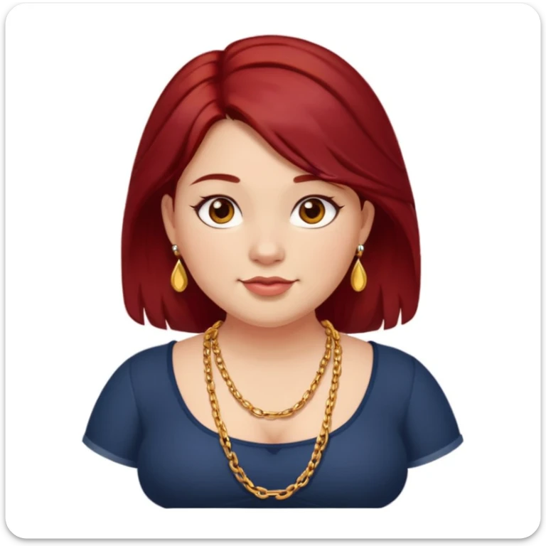 Chubby girl, shoulder length dark red hair, brown eyes, dimples, gold earrings, and necklaces sticker