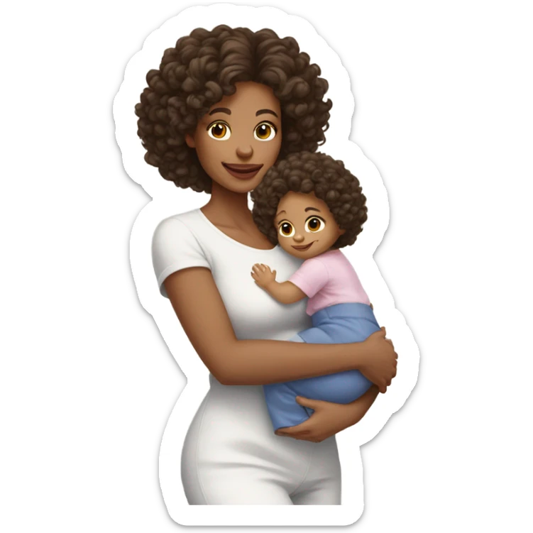 mom with light skin, shoulder length dark brown curly hair carrying 2 baby bundles  sticker