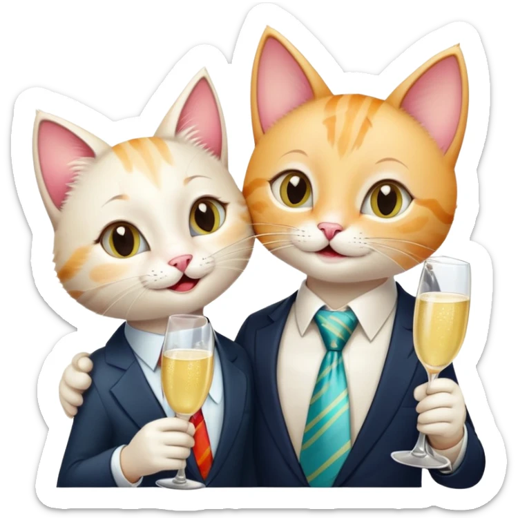 happy girl cat with eyelashes wearing a colorful necktie and happy boy cat wearing a professional necktie clinking champagne glasses together in celebration, both with cheerful expressions sticker