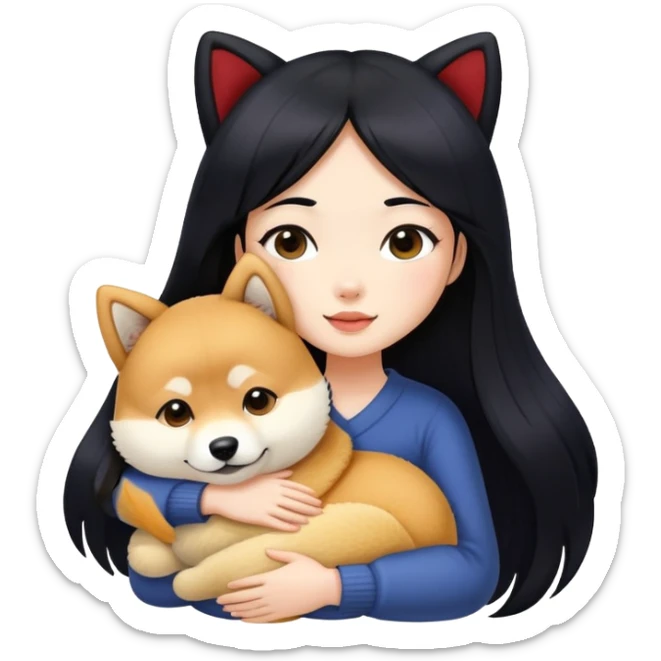 A beautiful girl with long black hair hugs a Shiba Lnu sticker