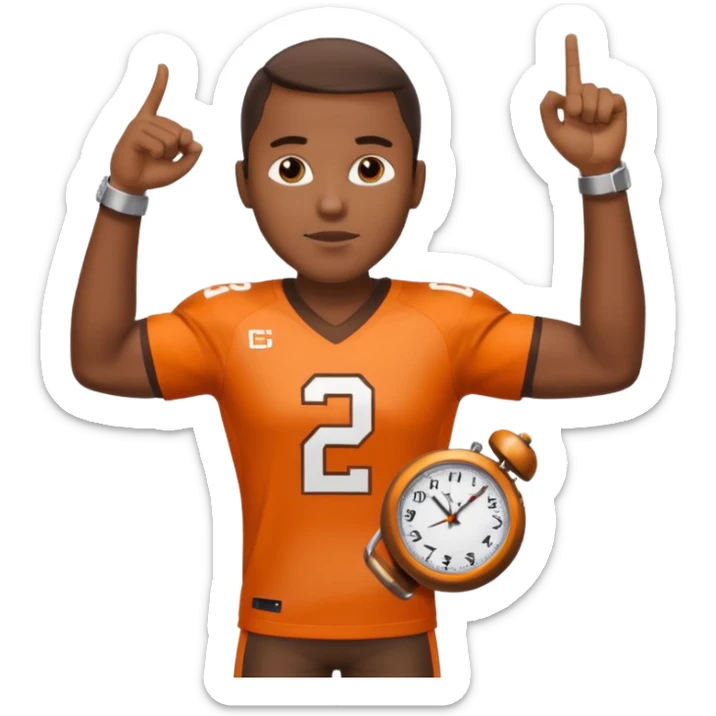 Black man in a brown and orange football jersey holding up his left arm with a watch on, pointing at the watch with his right hand sticker