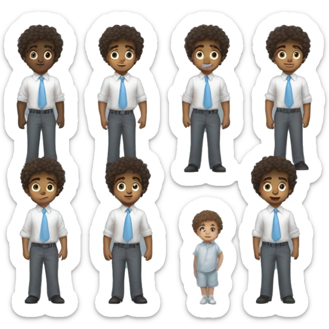 Little young  gentleman wearing a grey suit with white shirt and baby blue tie with blue eyes , black boy and brown curly hair and full body . Wearing a watch  sticker