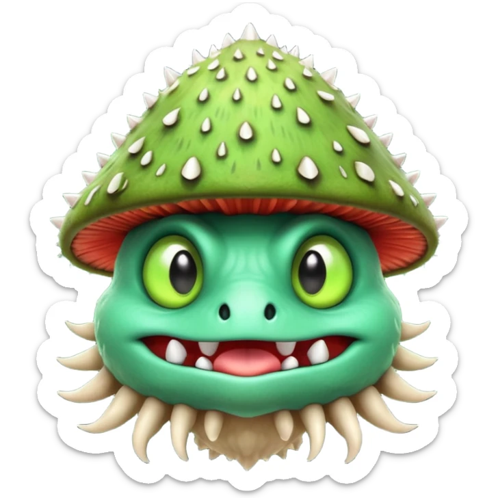 poisonous mushroom monster portrait, head and shoulders only, animal-like creature, mushroom cap head with spikes, toxic green glow, beast-like eyes, furry neck details, monstrous but cute fantasy vibe, 3D cartoon, mobile game icon style, clean background, no text, no watermark

 sticker