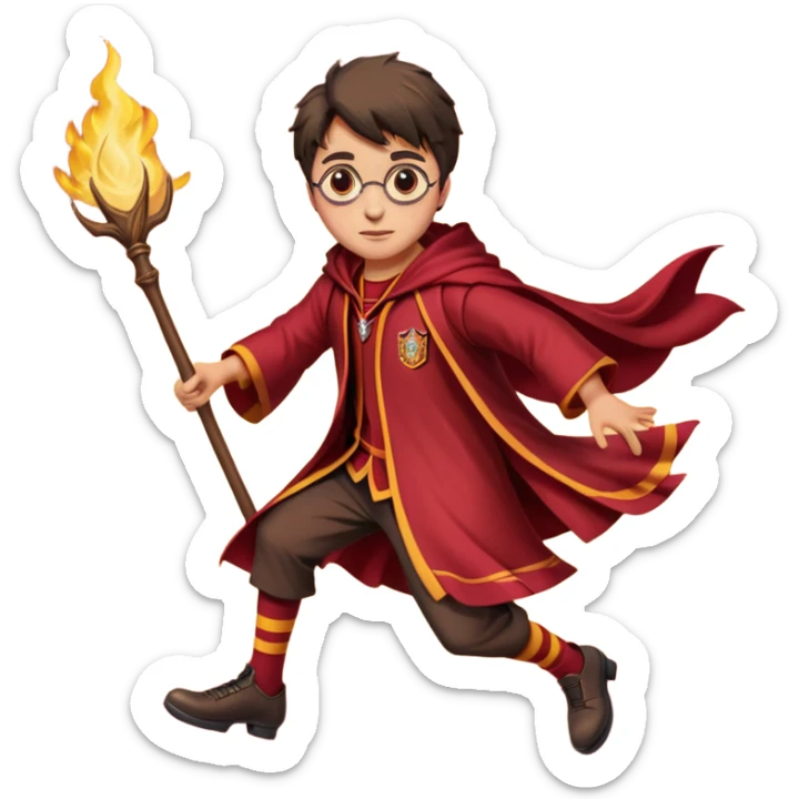Cartoon-style illustration of Harry Potter flying on a broomstick, Gryffindor red and gold outfit, expressive face, dynamic motion, magical vibe, smooth shading, vibrant colors, no background, transparent background, isolated character. sticker