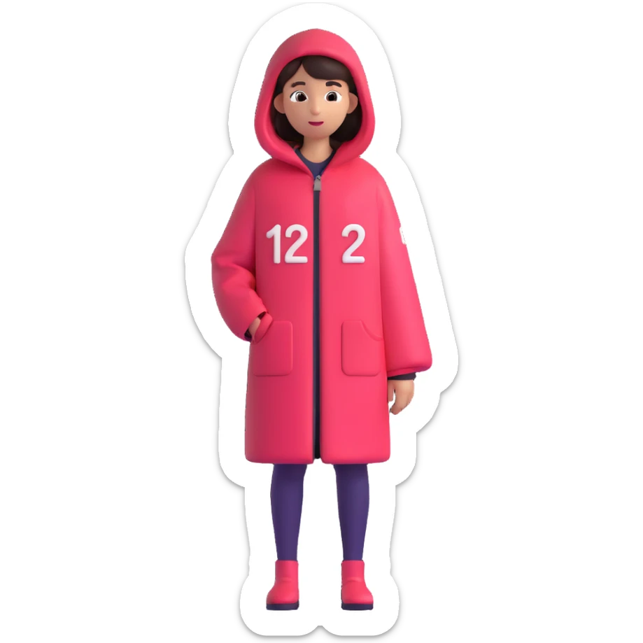 A girl with sideways hair, wearing a Squid Game-style coat with the number 120 on the right side of the coat, 3D emoji style sticker