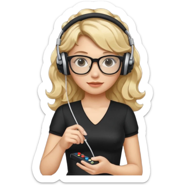 
gamer, woman with blond wavy hair, tight black dress with a white line with glasses, headphone, gamepad sticker