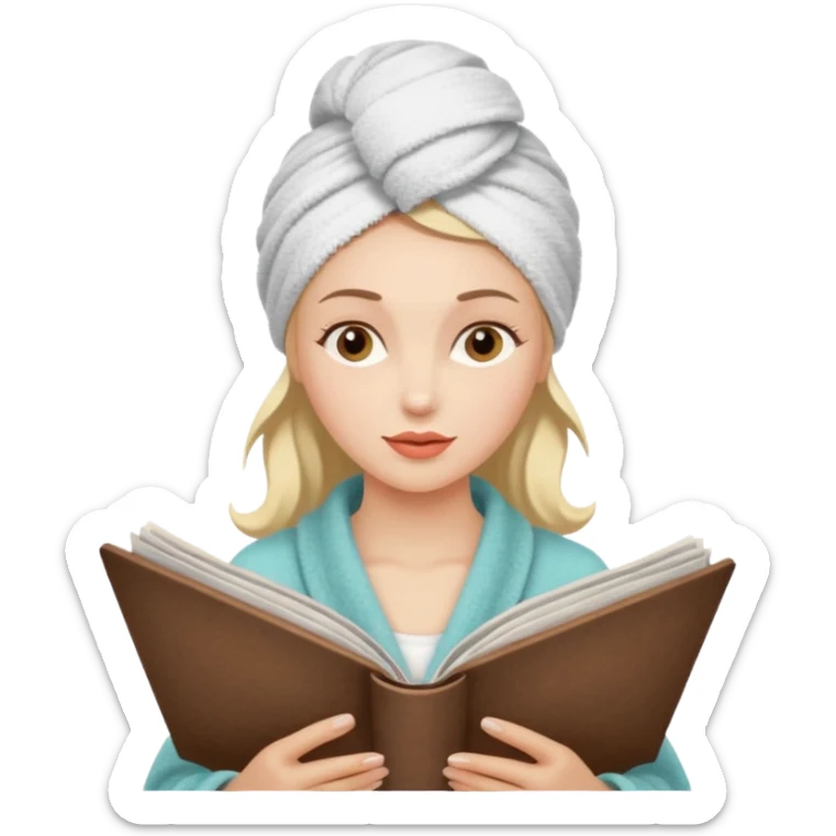 mujer en la peluquería con toalla en la cabeza y leyendo una revista, estilo vintage sticker