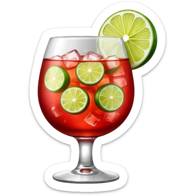 A round wine glass filled with bright red Campari tonic, lots of ice, and a lime wedge on top. sticker